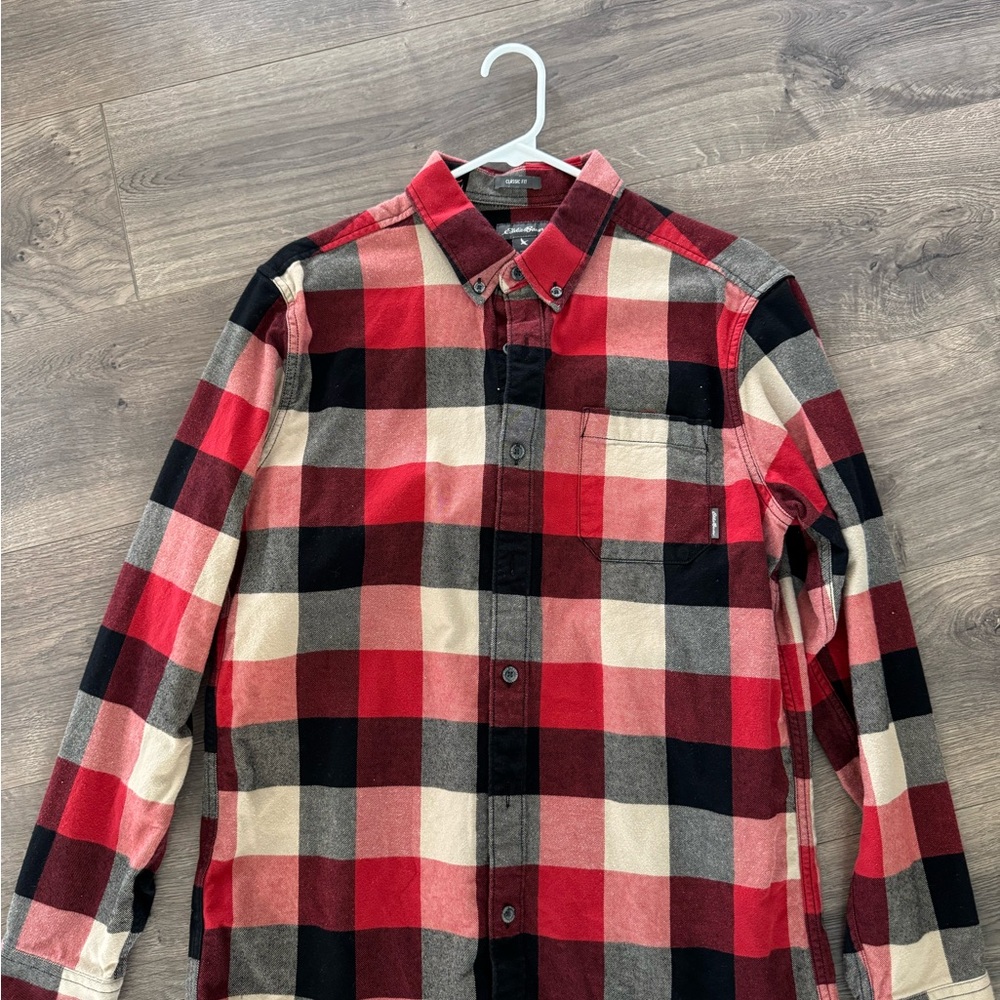 Eddie Bauer Men's Red and Black Plaid Shirt